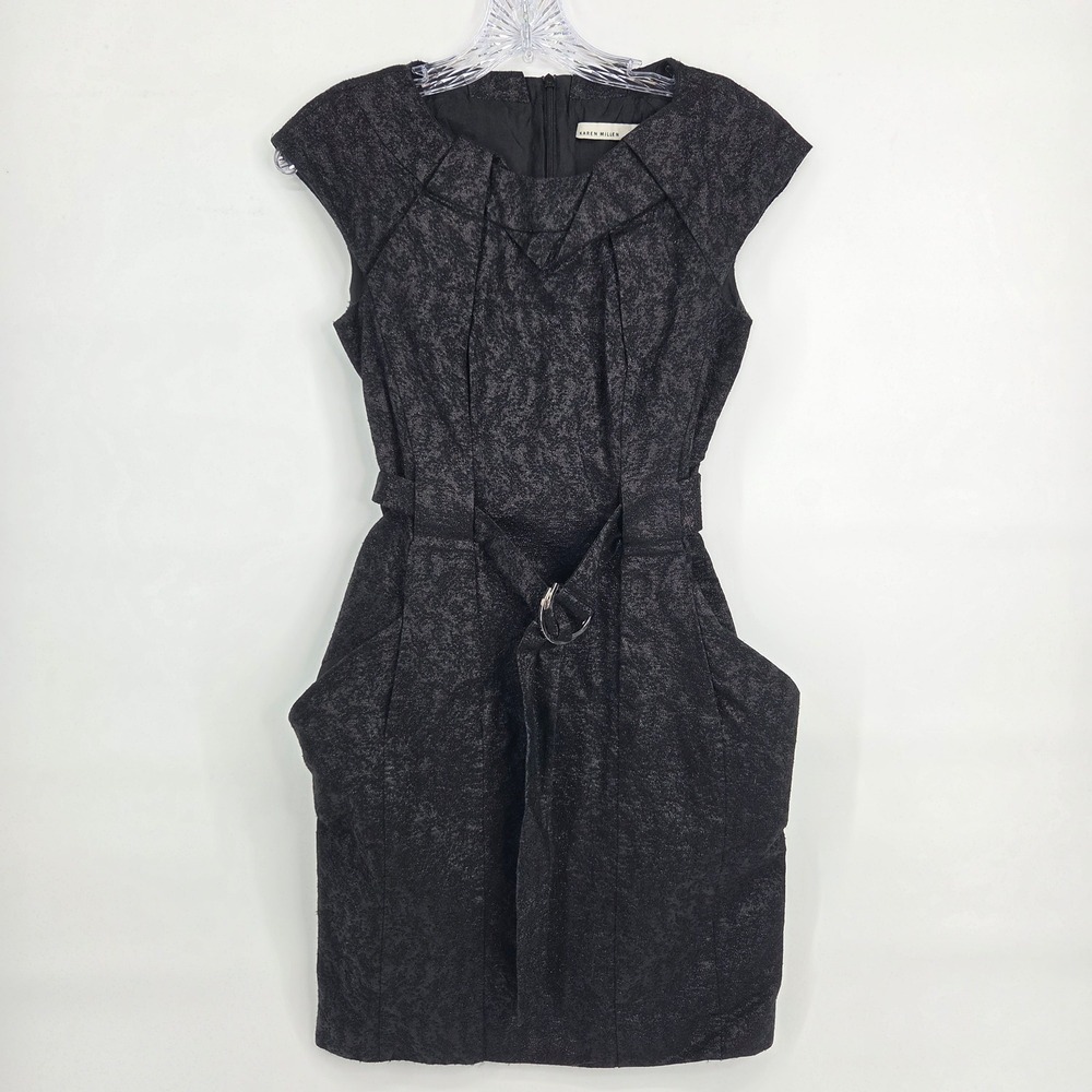 Karen Millen Sheath Dress 6 Black Silver Metallic Belted Pockets Quiet Luxury